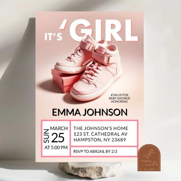 pastel pink it's a girl sneaker baby shower invitation