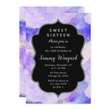 pastel purple silver sequins agate sweet sixteen invitation