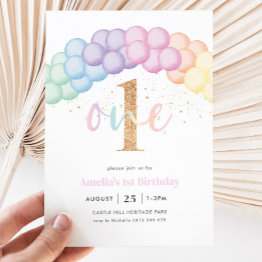 Small Pastel Rainbow Balloon Arch 1st Birthday Party Invitation Front View