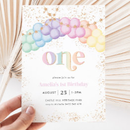 Small Pastel Rainbow Balloon Arch 1st Birthday Party Invitation Front View