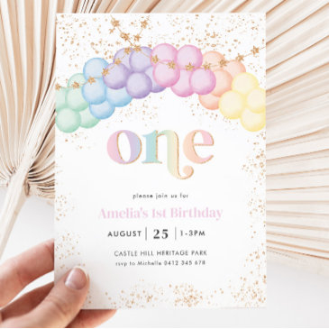 pastel rainbow balloon arch 1st birthday party invitation