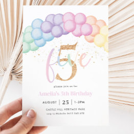 Small Pastel Rainbow Balloon Arch 5th Birthday Party Invitation Front View