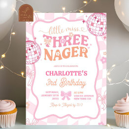 Small Pastel Retro Rainbow Little Miss Threenager Invitation Front View