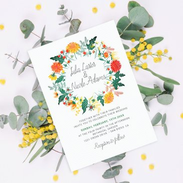 pastel spring dahlia wildflowers wreath wedding invitation