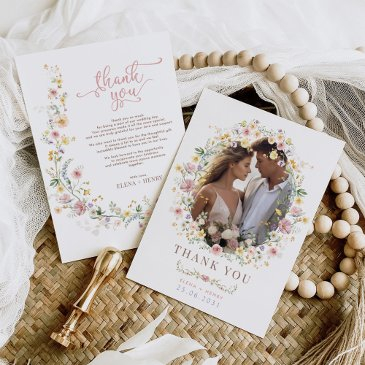 pastel spring wildflower garden wedding photo thank you invitations