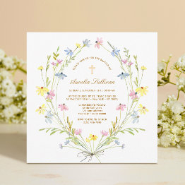 Small Pastel Wildflowers Baptism Invitation Front View