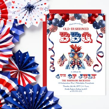 patriotic chicken sunglasses 4th of july bbq party invitation