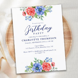 Small Patriotic Floral Red White Blue Birthday Party Invitation Postinvitations Front View
