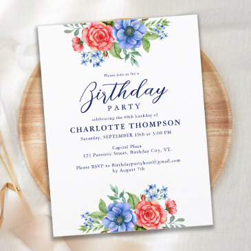 patriotic floral red white blue birthday party invitation postinvitations