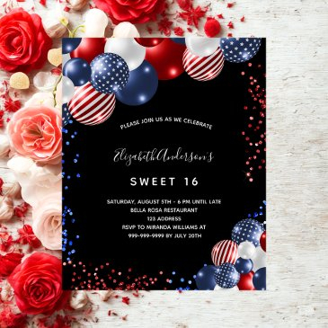 patriotic sweet 16 black budget party invitation flyer