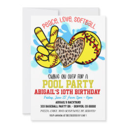 Small Peace Love Softball Pool Party Invitation Front View