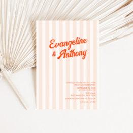 Small Peach And Tangerine Retro Striped Wedding Invitation Front View