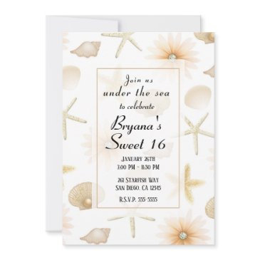 peach beach seashells & flowers modern sweet 16 invitation