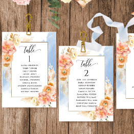 Small Peach, Blue Seating Plan Invitations With Guest Names Front View