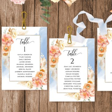 peach, blue seating plan invitations with guest names