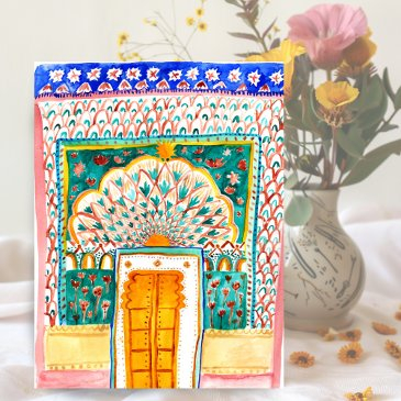 peacock door watercolor jaipur city palace pink postinvitations