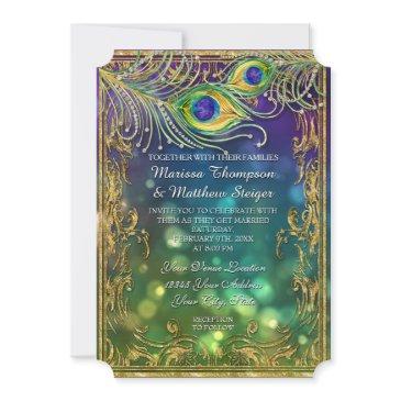 peacock feather wedding antique vintage mask bokeh invitation