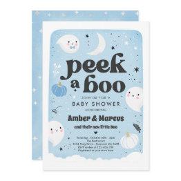 Small Peek A Boo Cute Blue Ghost Baby Shower Invitation Front View