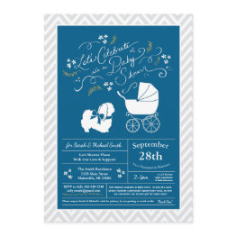 Small Pekingese Dog Baby Shower Boy Blue Invitation Front View
