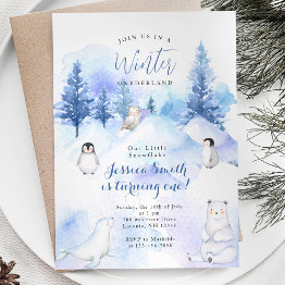 Small Penguin Animal Winter Onederland 1st Birthday Invitation Front View