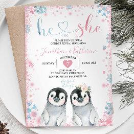 Small Penguin Gender Reveal He Or She Winter Snowflakes Invitation Front View