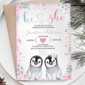 penguin gender reveal he or she winter snowflakes invitation