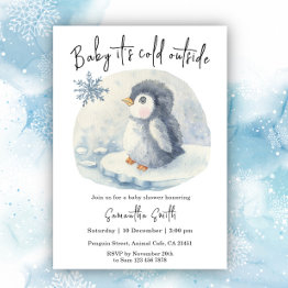 Small Penguin It's Cold Outside Winter Baby Shower Invitation Front View