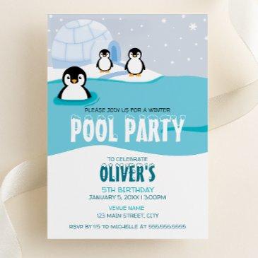 penguins winter pool party birthday invitation