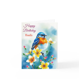 Small Personalized Blue Bird Flowers Watercolor Birthday Invitations Front View