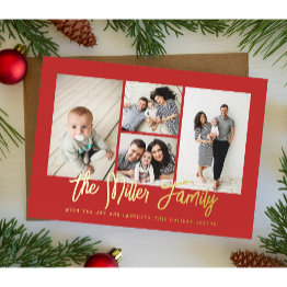 Small Personalized Family Name 4 Photo Collage Foil Holiday Invitations Front View