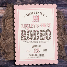 Small Personalized Pink First Rodeo Girls 1st Birthday Invitation Front View
