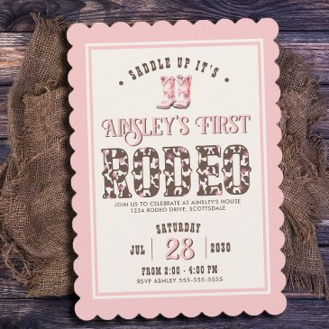 personalized pink first rodeo girls 1st birthday invitation