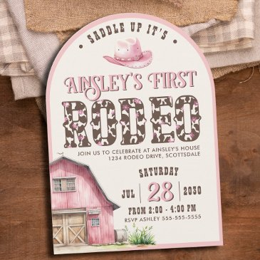 personalized pink first rodeo pink arched birthday invitation