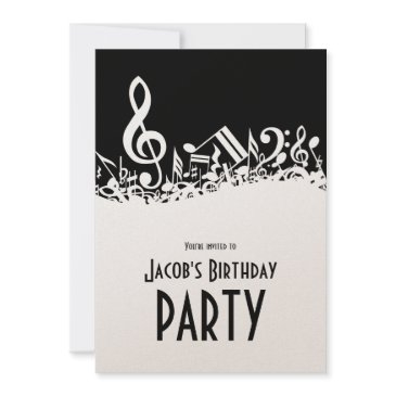 personalized white jumbled musical notes on black invitation
