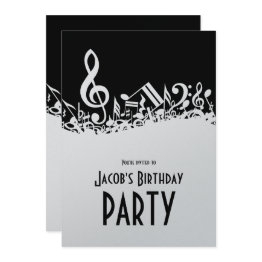 Small Personalized White Jumbled Musical Notes On Black Invitation Front View