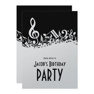 personalized white jumbled musical notes on black invitation