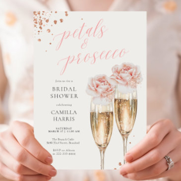 petals and prosecco script blush bridal shower invitation