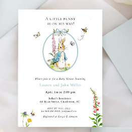 Small Peter Rabbit Blue Baby Boy Couples Baby Shower Invitation Front View
