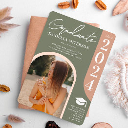 Small Photo Bold 2024 Arch Green Pink Graduation Invitation Front View