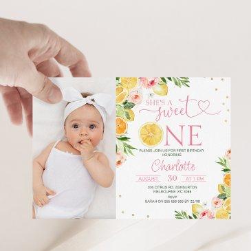 photo floral citrus she's a sweet one 1st birthday invitation