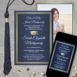 Small Photo From Parents Navy Gold And White Graduation Announcement Front View