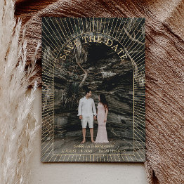 Small Photo Modern Boho Arch Save The Date Gold Foil Invitation Front View