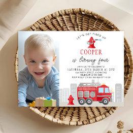 Small Photo Red Firefighter Fire Engine Birthday Invitation Front View