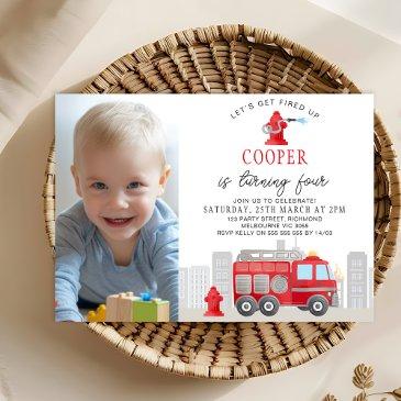 photo red firefighter fire engine birthday invitation