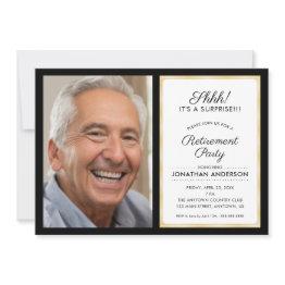 Small Photo Surprise Retirement Party | Black And Gold Invitation Front View