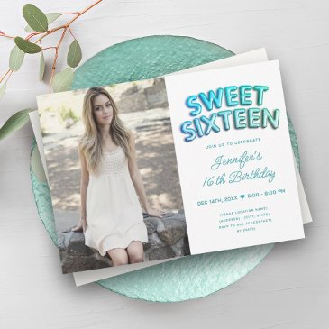 photo teal turquoise white balloons sweet 16 invitation