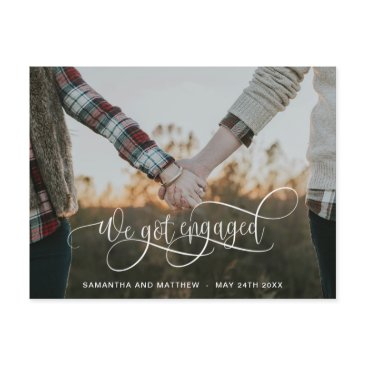 photo, we got engaged white calligraphy engagement announcement postinvitations