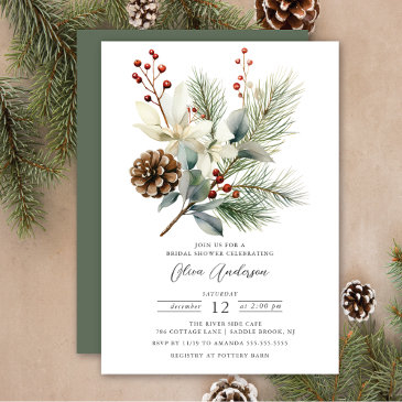 pine branch winter botanical bridal shower invitation