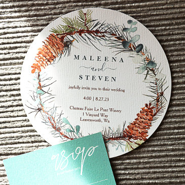 pine needle eucalyptus pinecone wreath wedding invitation