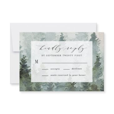 pine tree forest rustic watercolor themed wedding rsvp invitations